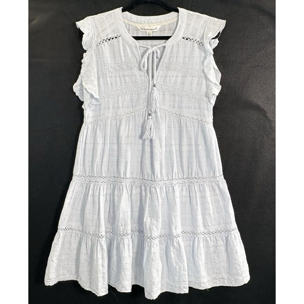 TANTRUMS Women Mini Tiered Lined Tassel Dress Sz M Light Blue Boho Festival 2-23